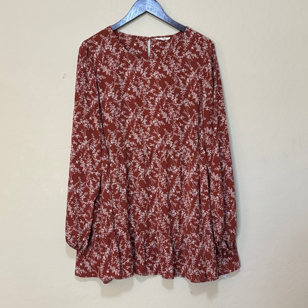 Cotton Bleu Burnt Orange Floral Flowy Long Sleeve Dress